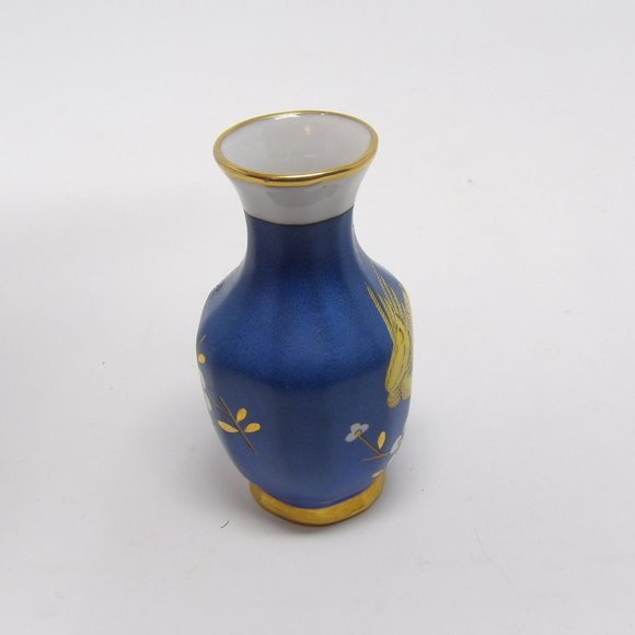 Vintage Oriental Porcelain Vase Blue with Yellow Pheasant Bird Gold Accents and - Picture 10 of 10